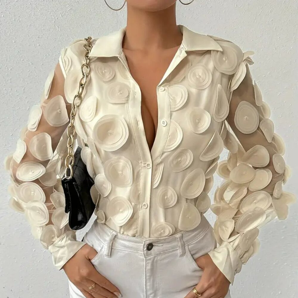NEW! ELEGANT CHIFFON Raised PETALS BLOUSE SZ L